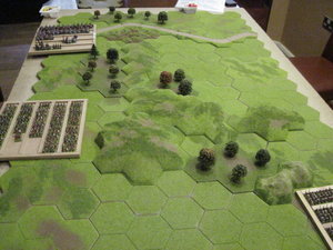 Andre's terrain layout with lots of woods, hills and escarpments forming a 'dog-leg' back to the Ottoman table edge.