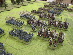 The Samurai army advances in column towards the central woodland